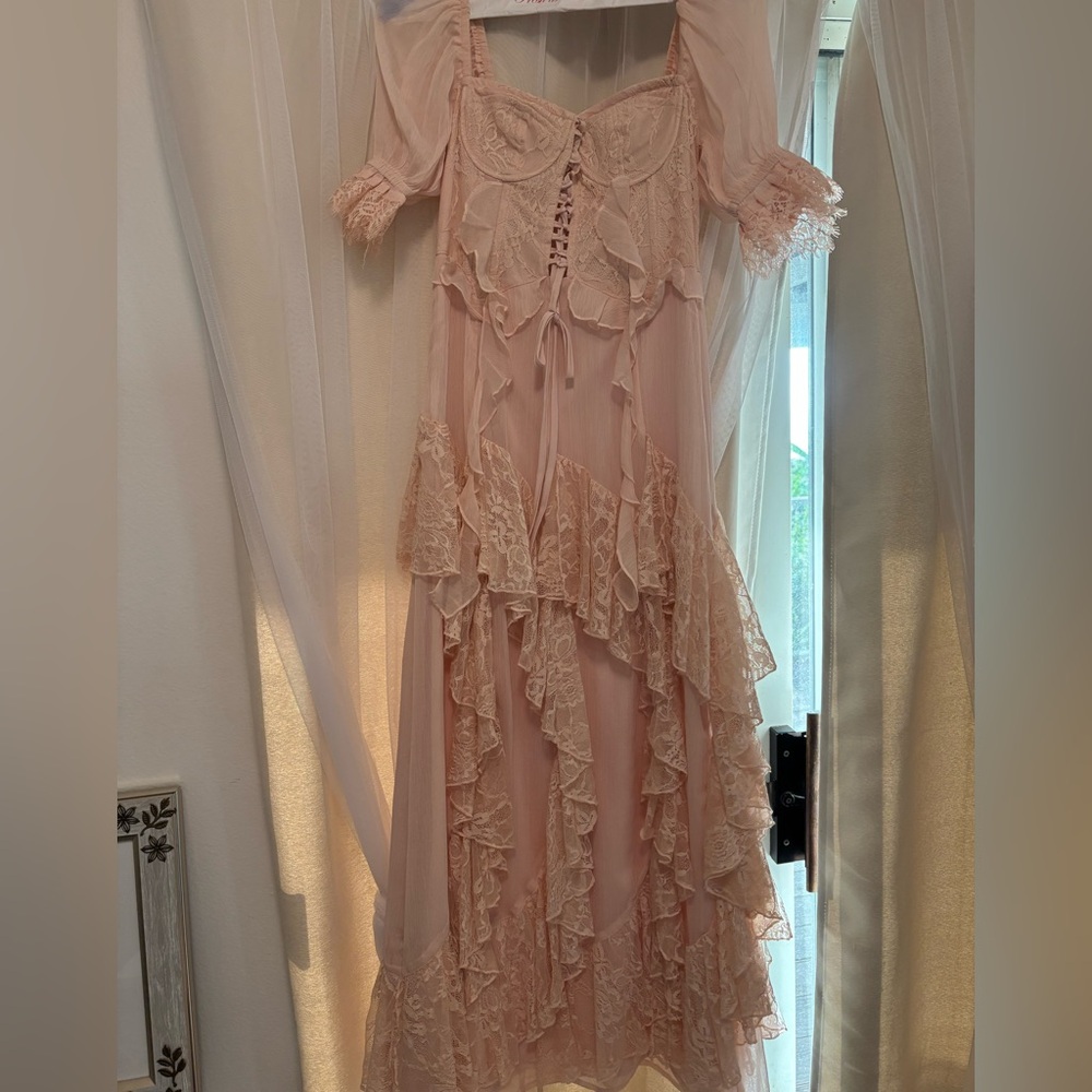 Miss Selfridge Lace Ruffle Maxi Dress In Pink View 3